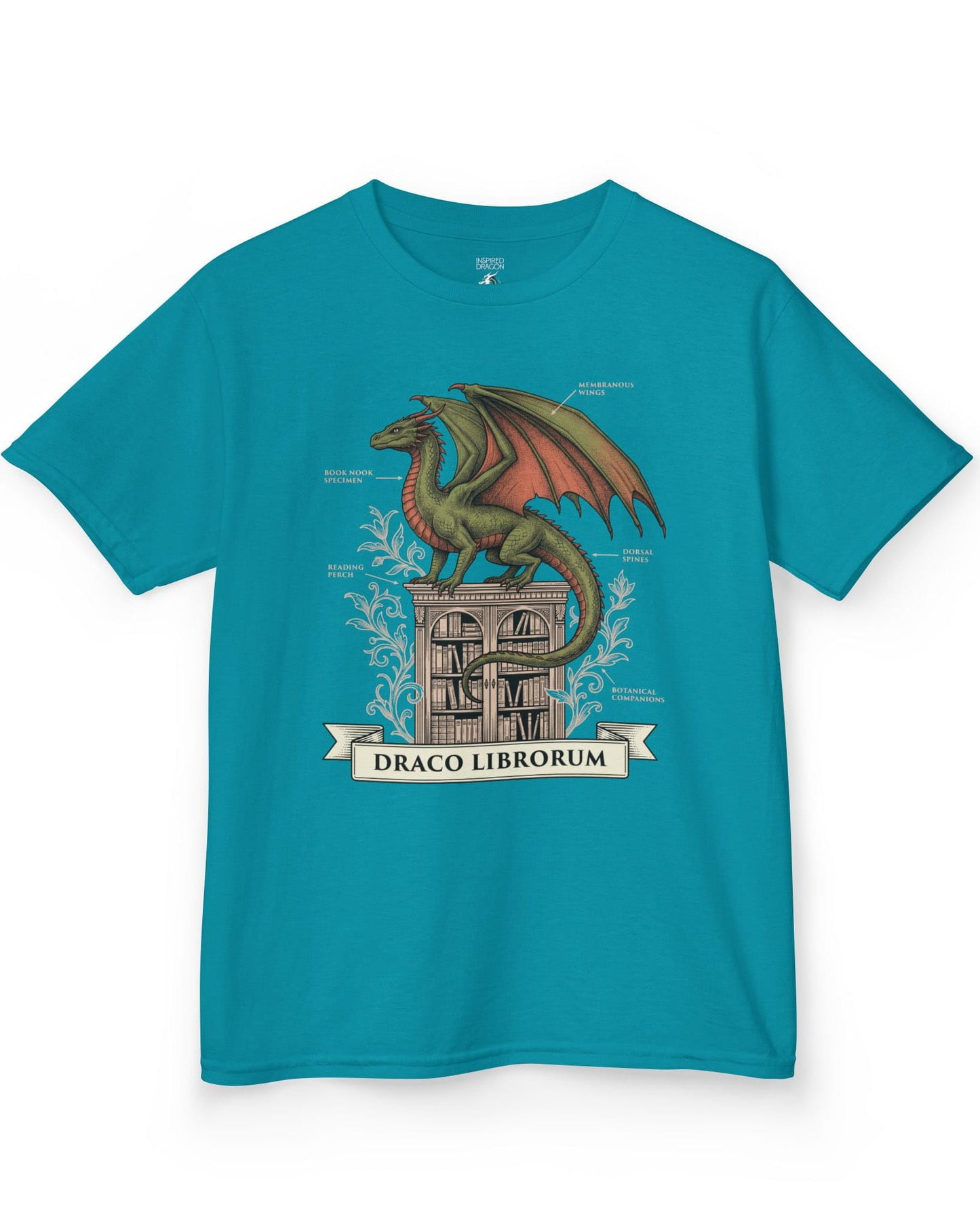 Draco Librorum shirt in tropical blue featuring a scholarly dragon perched atop a grand library in vintage naturalist style