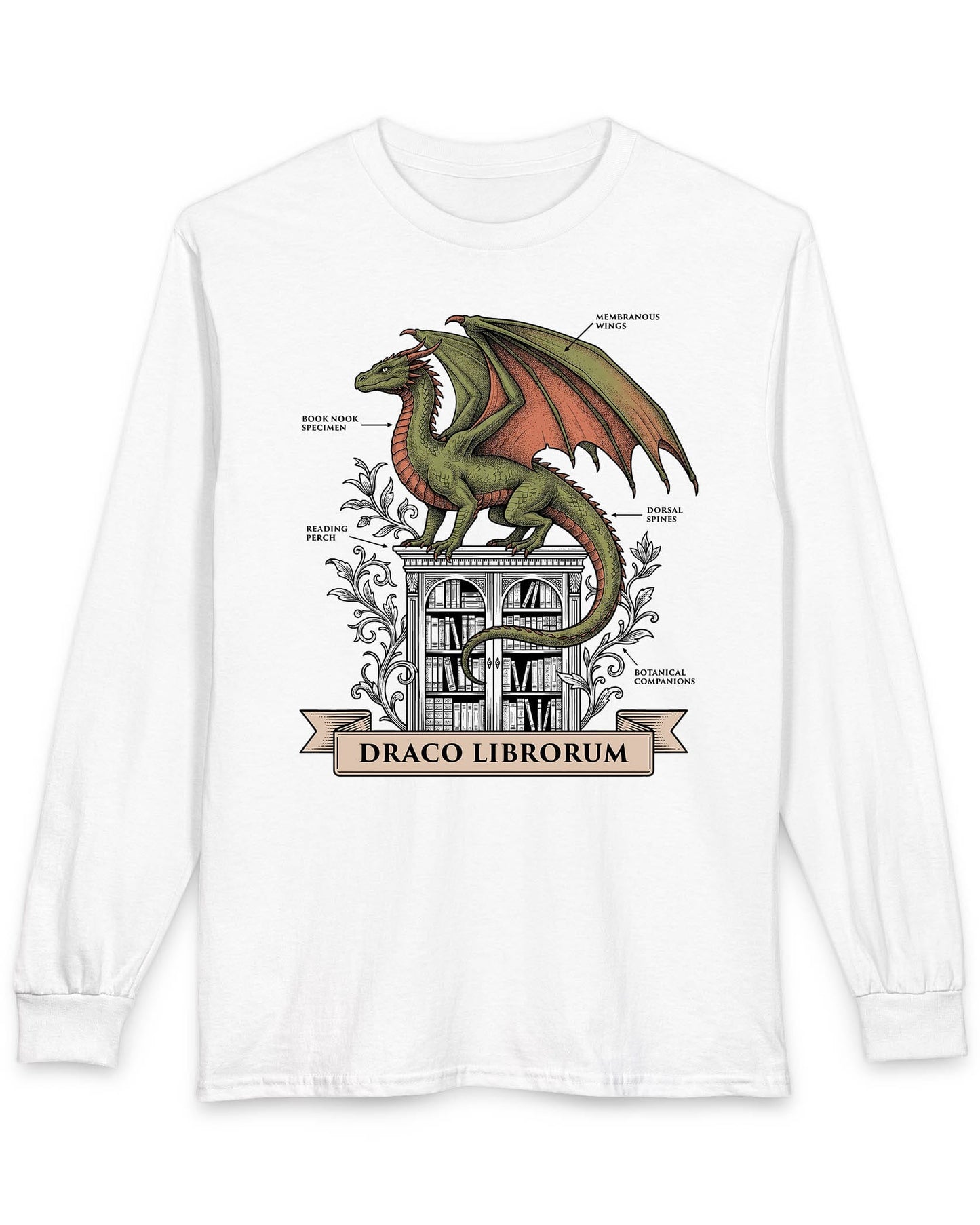 Draco Librorum shirt in white featuring a scholarly dragon perched atop a grand library in vintage naturalist style