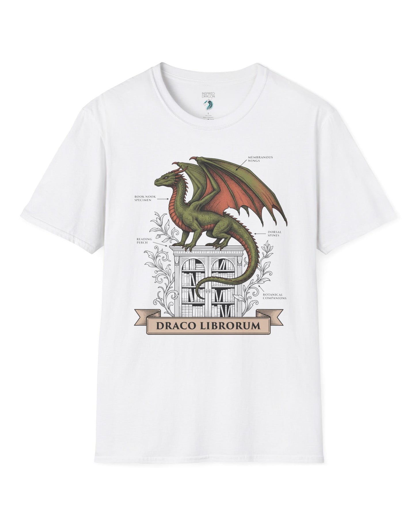 Draco Librorum shirt in white featuring a scholarly dragon perched atop a grand library in vintage naturalist style