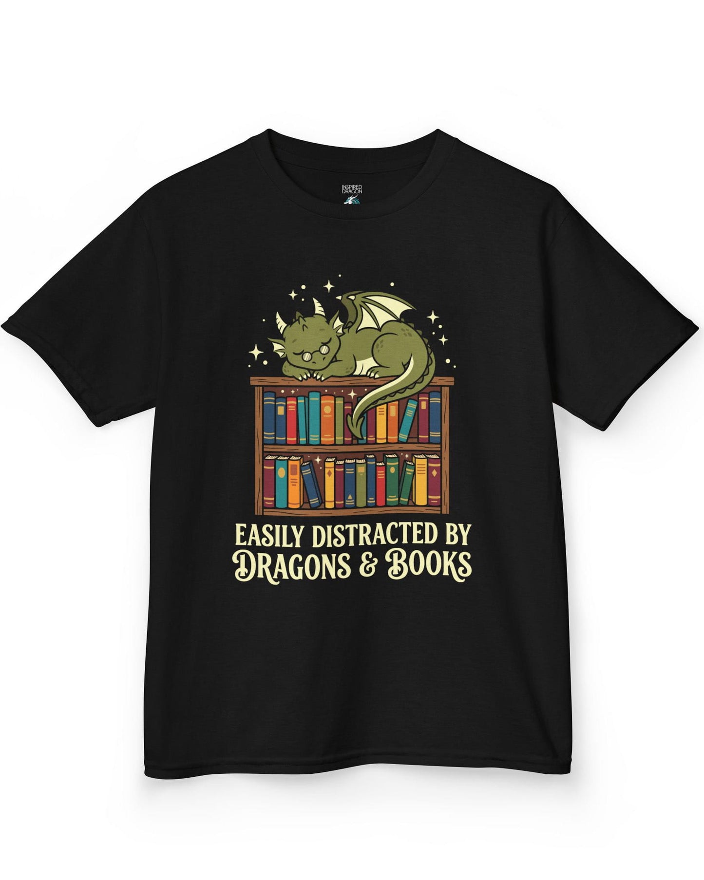 Easily Distracted by Dragons & Books shirt in black with a sleepy bookworm dragon lounging on a colorful bookshelf