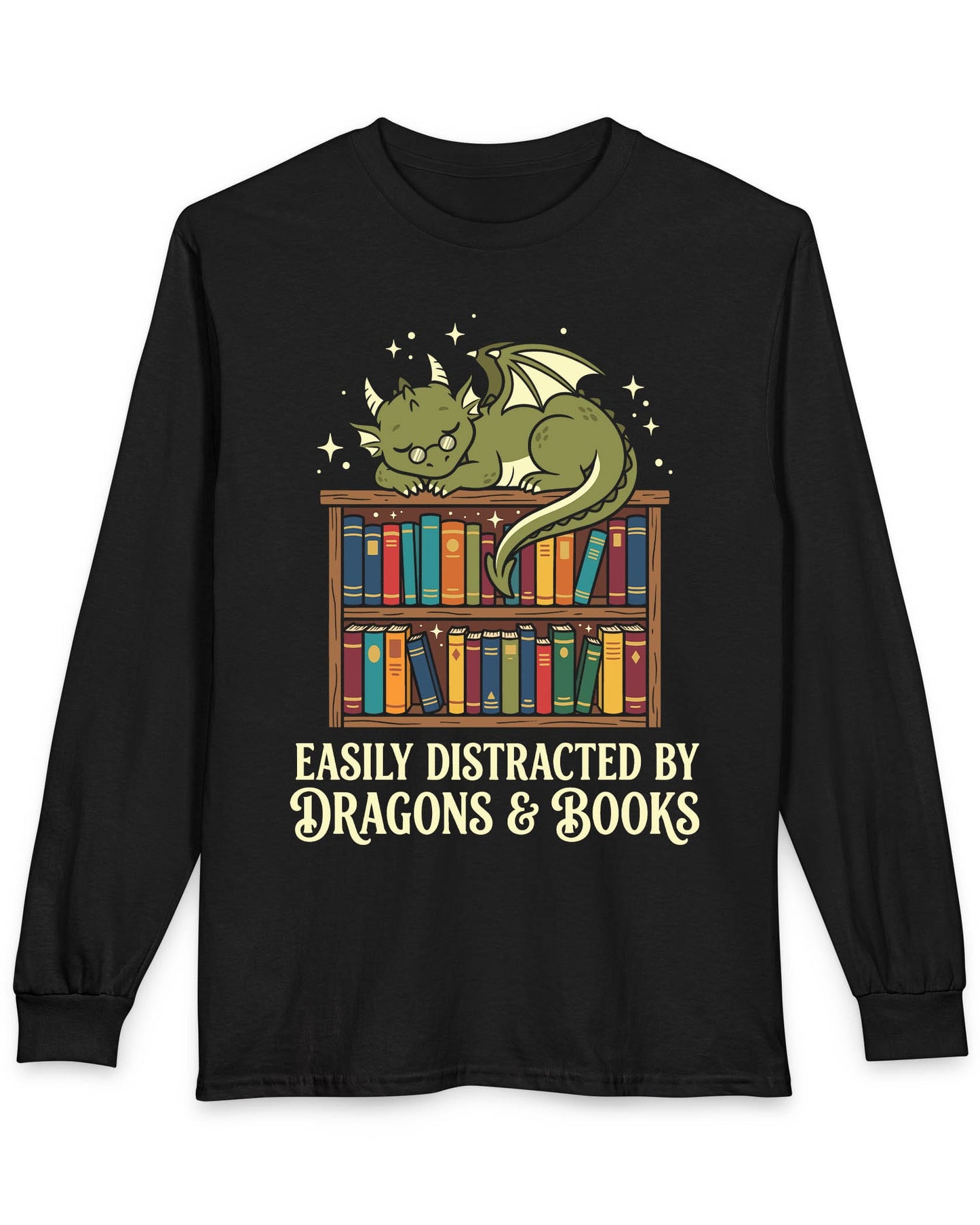 Easily Distracted by Dragons & Books shirt in black with a sleepy bookworm dragon lounging on a colorful bookshelf