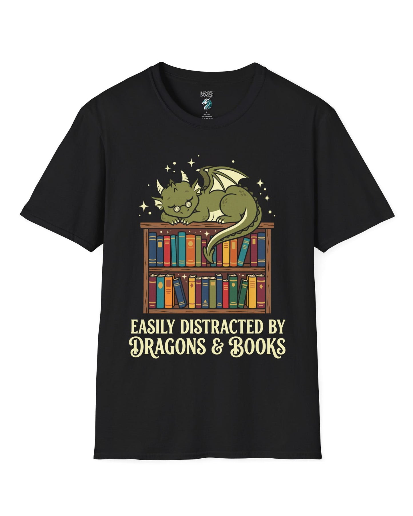 Easily Distracted by Dragons & Books shirt in black with a sleepy bookworm dragon lounging on a colorful bookshelf