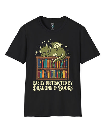 Easily Distracted by Dragons & Books shirt in black with a sleepy bookworm dragon lounging on a colorful bookshelf