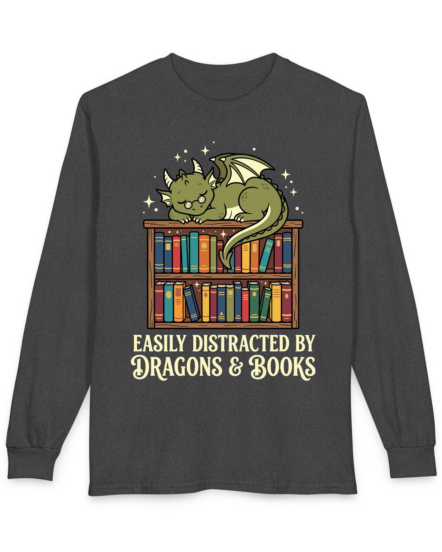 Easily Distracted by Dragons & Books shirt in dark heather with a sleepy bookworm dragon lounging on a colorful bookshelf