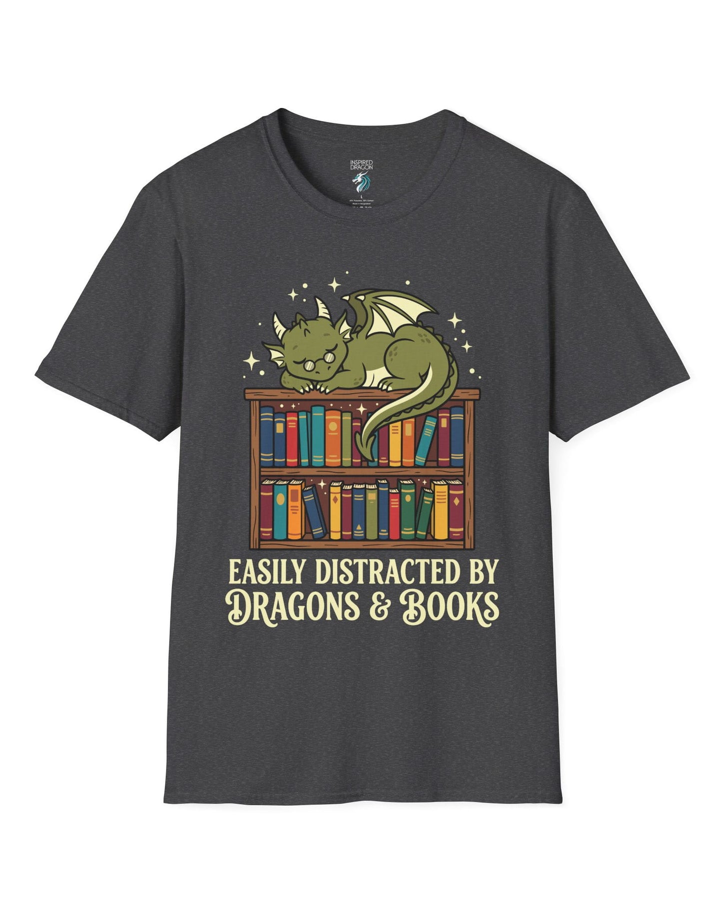 Easily Distracted by Dragons & Books shirt in dark heather with a sleepy bookworm dragon lounging on a colorful bookshelf