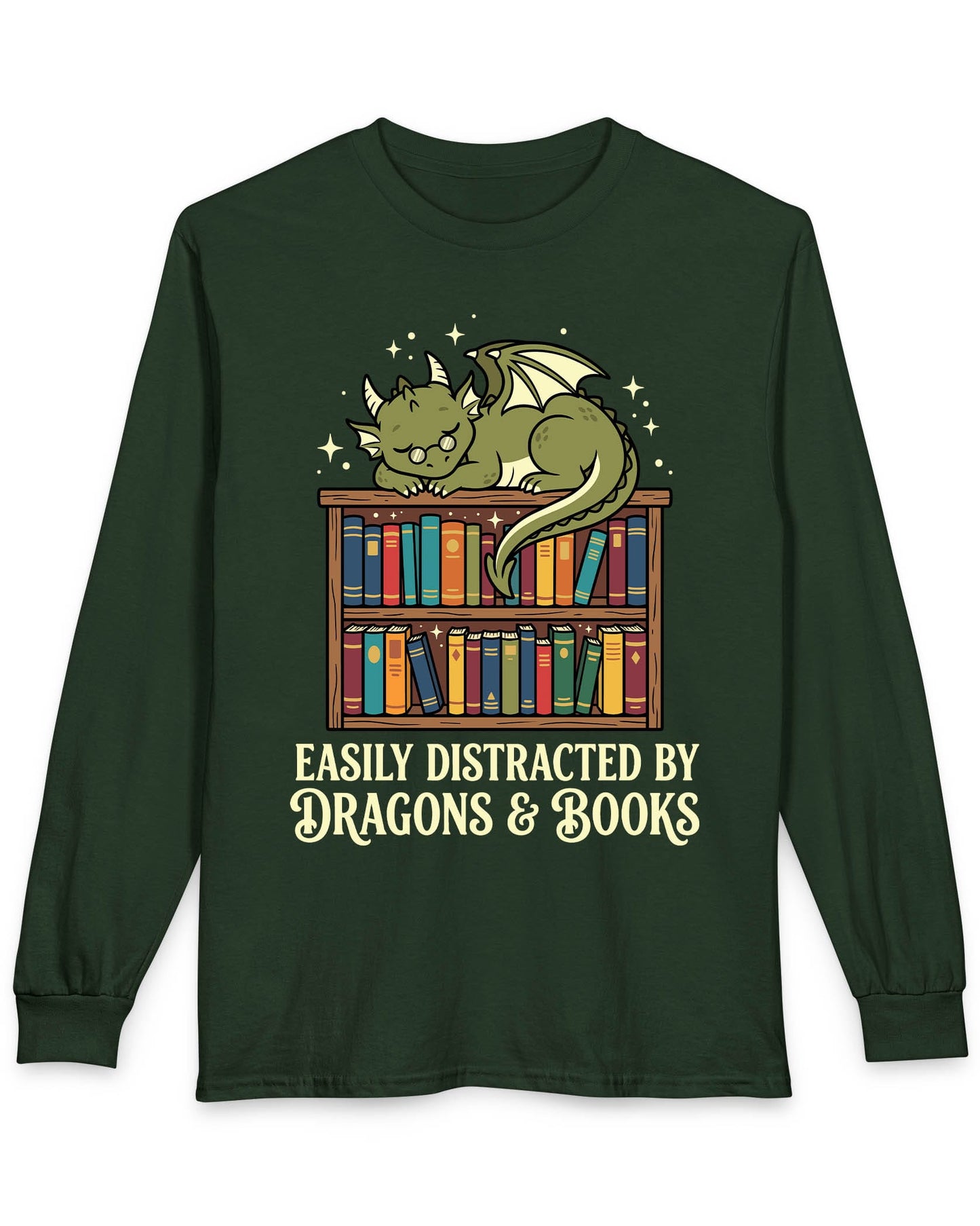 Easily Distracted by Dragons & Books shirt in forest green with a sleepy bookworm dragon lounging on a colorful bookshelf