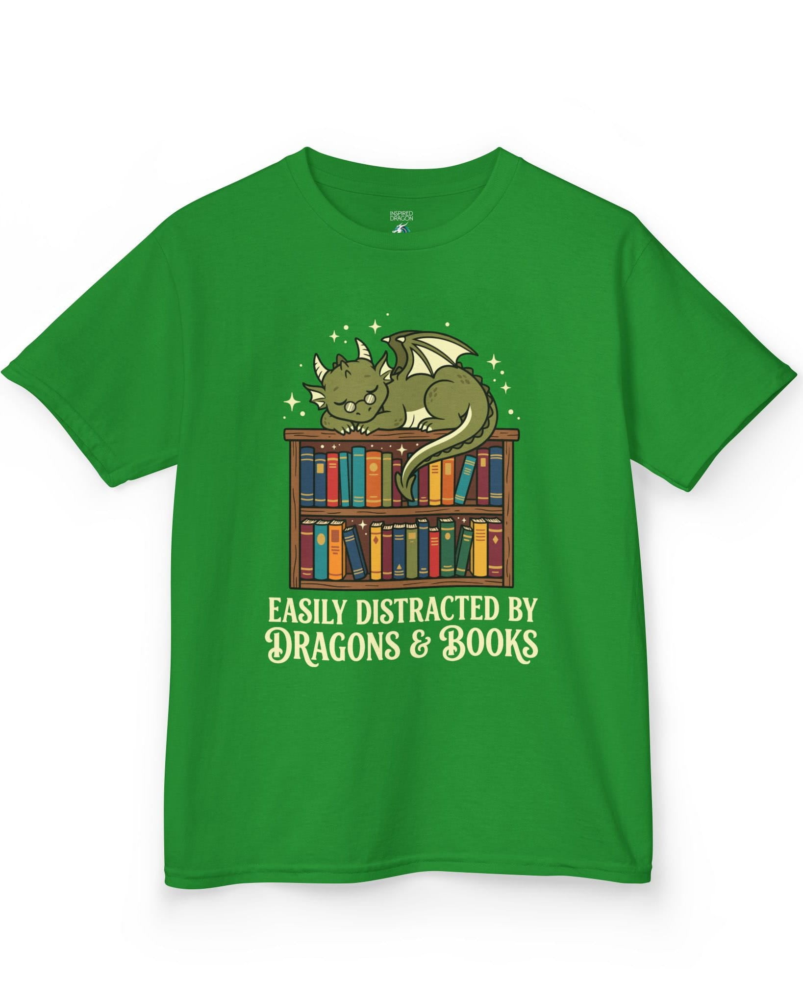 Easily Distracted by Dragons & Books shirt in Irish green with a sleepy bookworm dragon lounging on a colorful bookshelf