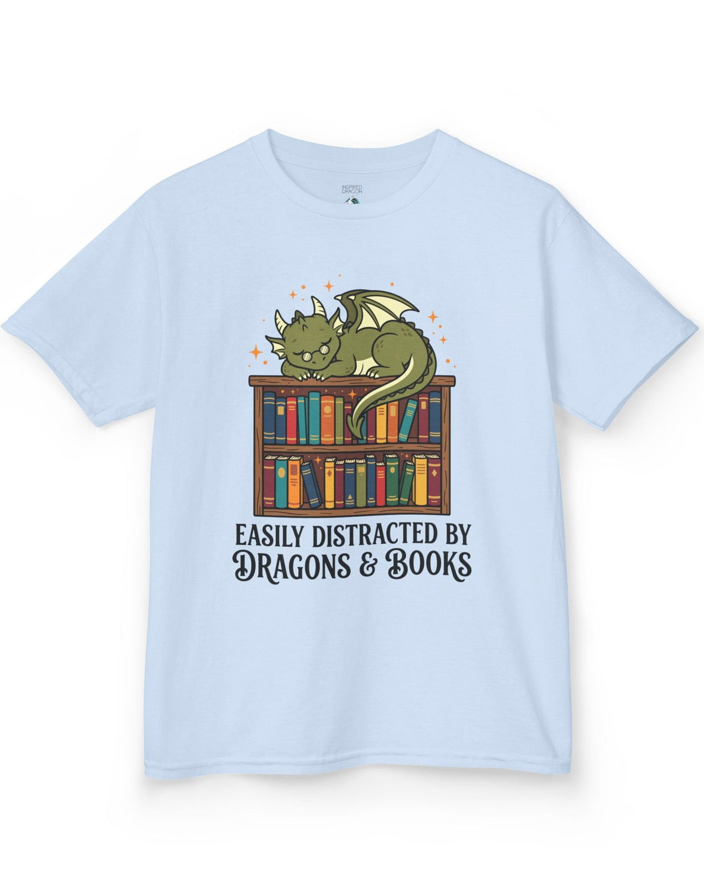 Easily Distracted by Dragons & Books shirt in light blue with a sleepy bookworm dragon lounging on a colorful bookshelf