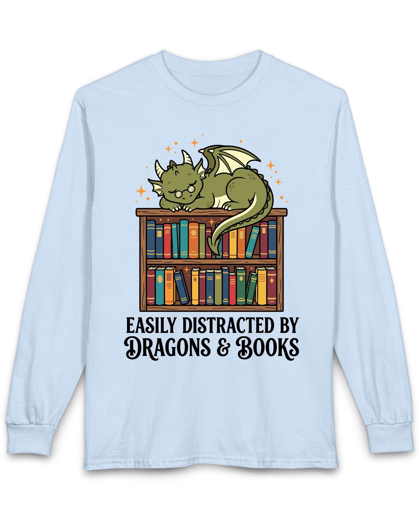 Easily Distracted by Dragons & Books shirt in light blue with a sleepy bookworm dragon lounging on a colorful bookshelf
