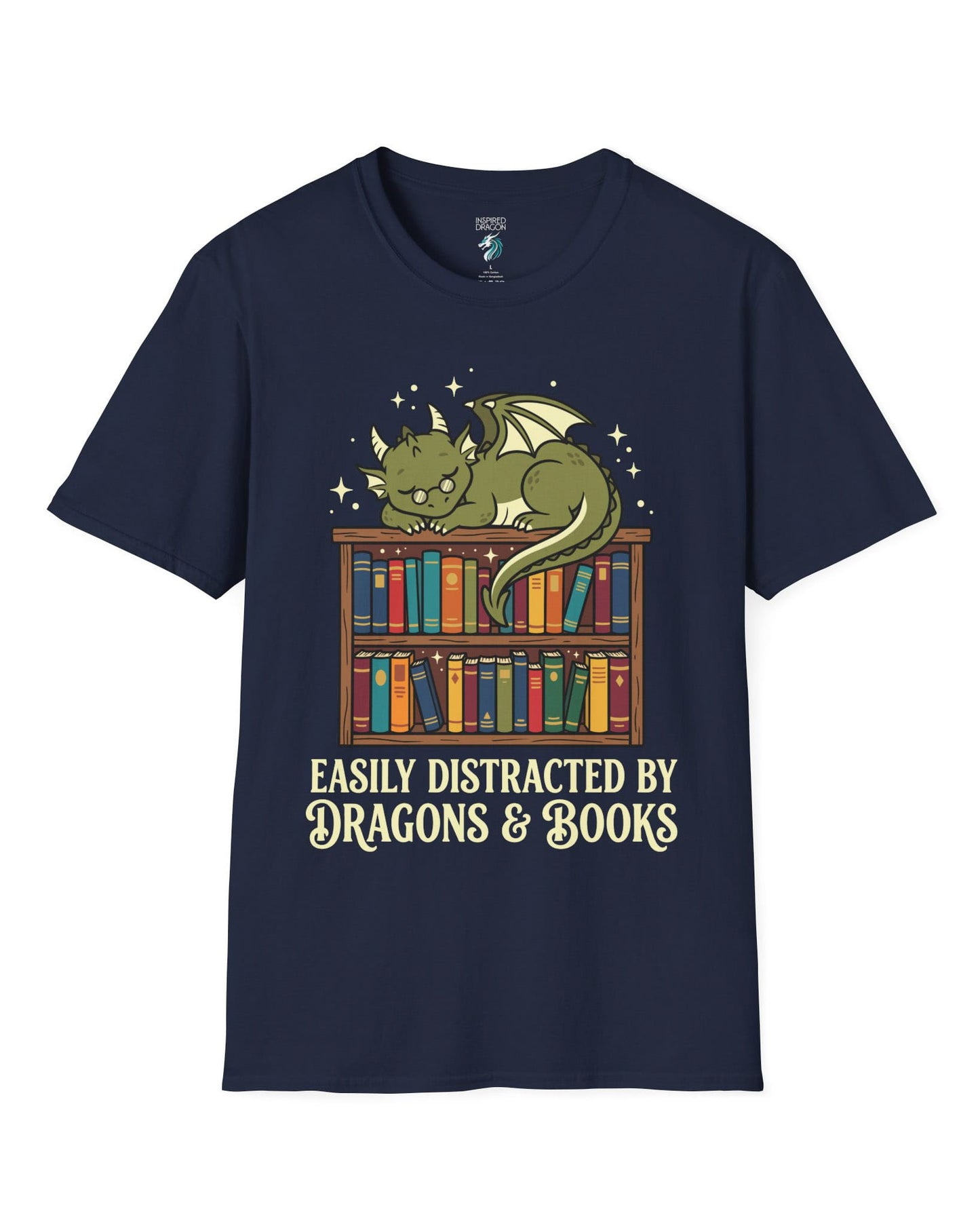 Easily Distracted by Dragons & Books shirt in navy with a sleepy bookworm dragon lounging on a colorful bookshelf