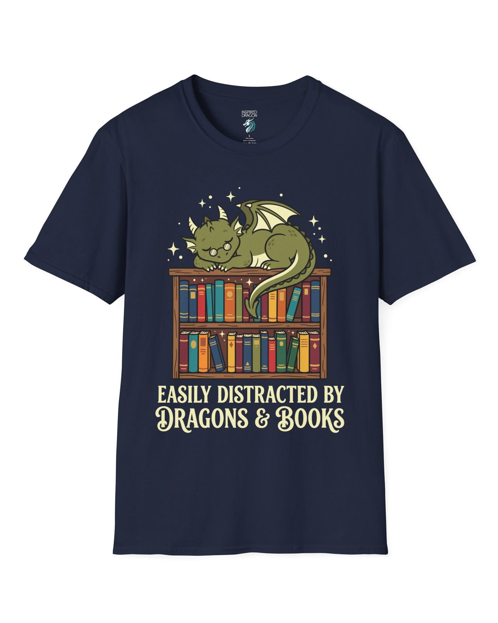 Easily Distracted by Dragons & Books shirt in navy with a sleepy bookworm dragon lounging on a colorful bookshelf