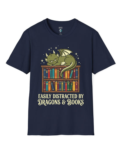 Easily Distracted by Dragons & Books shirt in navy with a sleepy bookworm dragon lounging on a colorful bookshelf