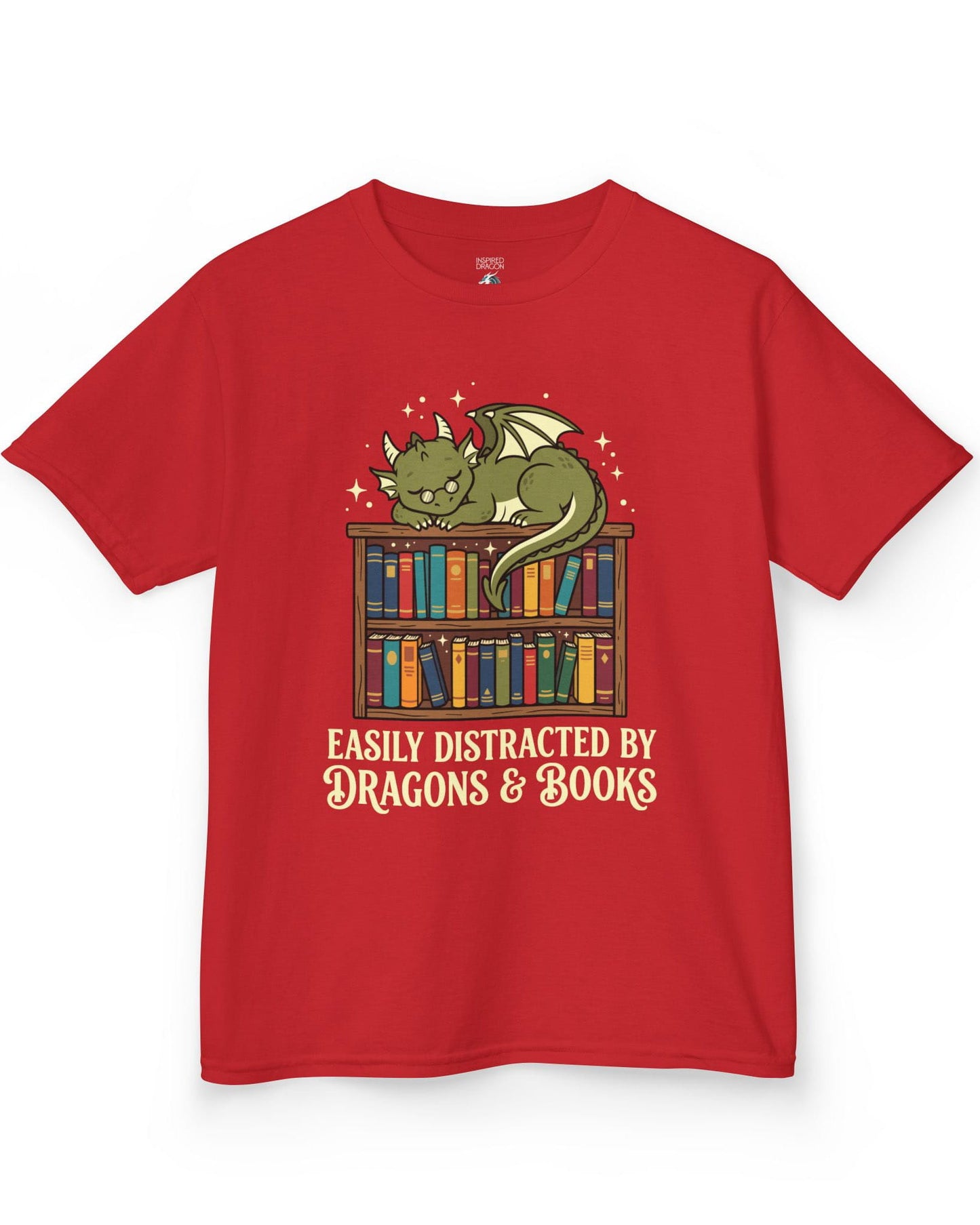 Easily Distracted by Dragons & Books shirt in red with a sleepy bookworm dragon lounging on a colorful bookshelf