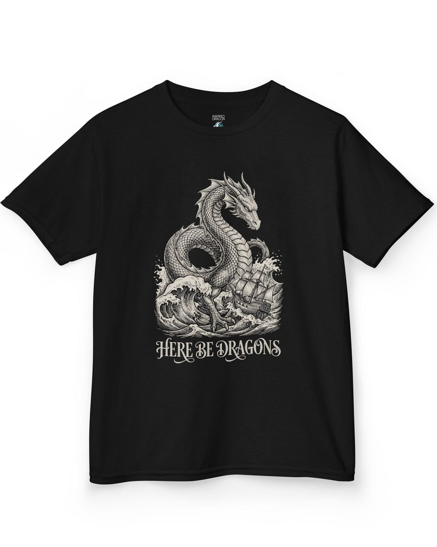 Here Be Dragons shirt in black with a vintage sea serpent towering over stormy waves and a doomed sailing ship