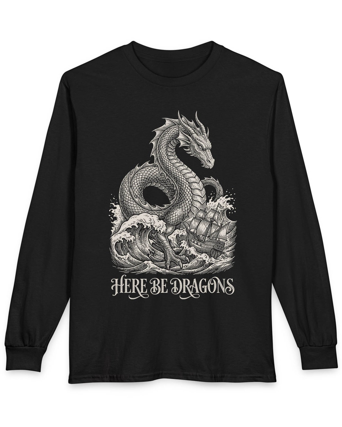 Here Be Dragons shirt in black with a vintage sea serpent towering over stormy waves and a doomed sailing ship