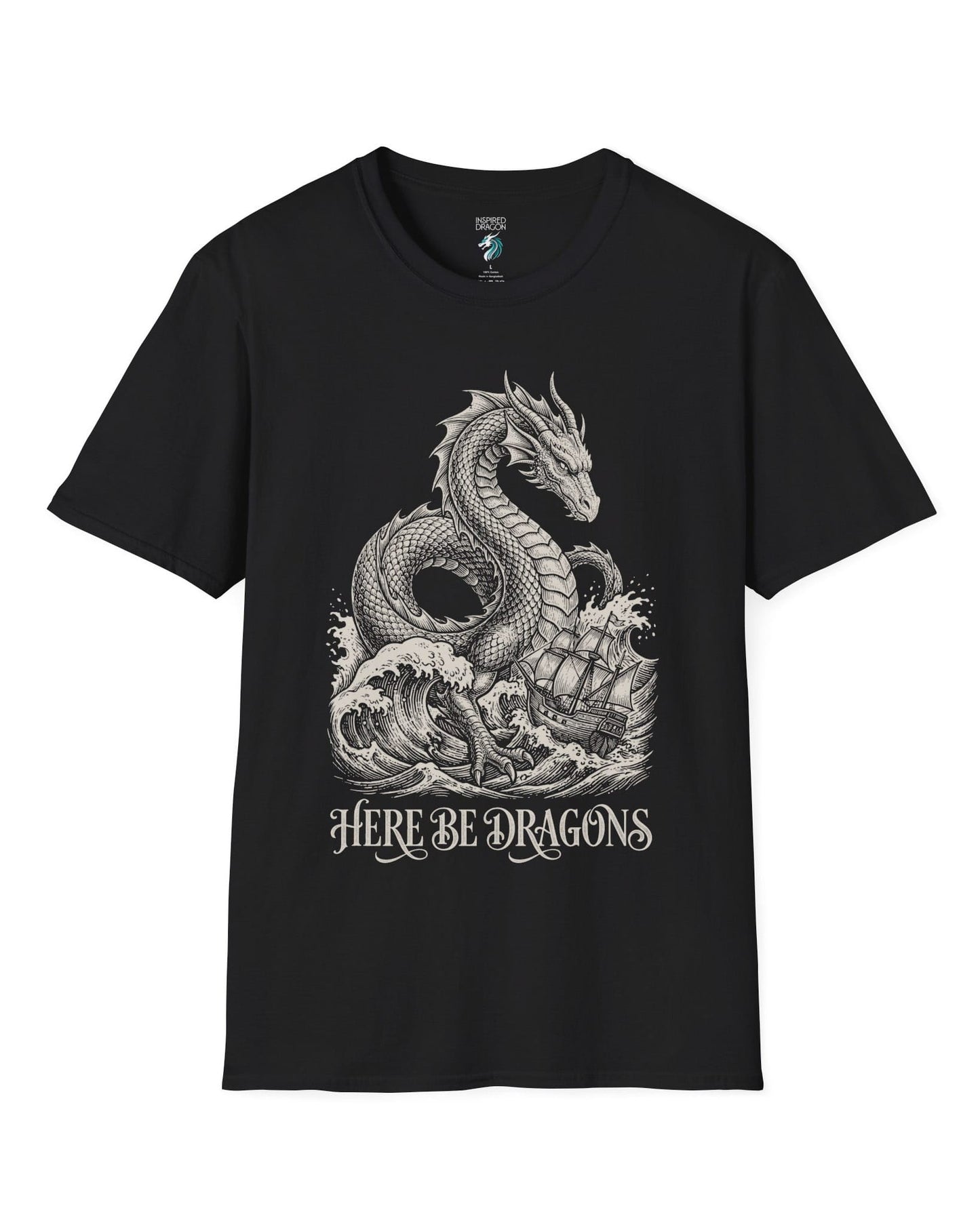 Here Be Dragons shirt in black with a vintage sea serpent towering over stormy waves and a doomed sailing ship