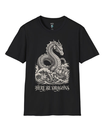Here Be Dragons shirt in black with a vintage sea serpent towering over stormy waves and a doomed sailing ship