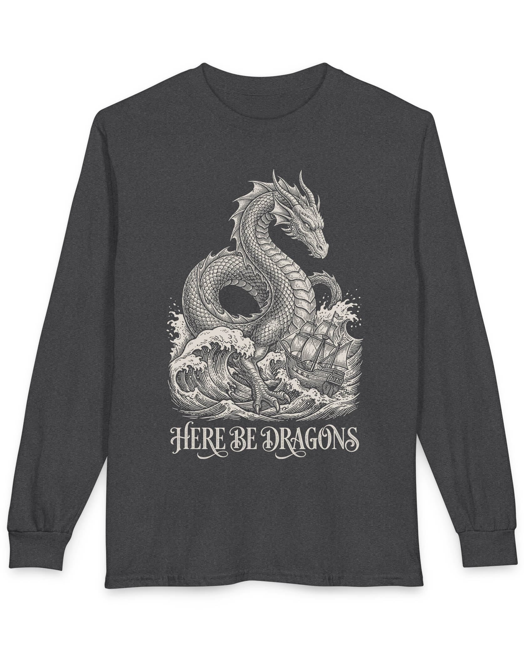 Here Be Dragons shirt in dark heather with a vintage sea serpent towering over stormy waves and a doomed sailing ship
