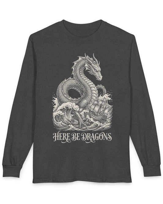 Here Be Dragons shirt in dark heather with a vintage sea serpent towering over stormy waves and a doomed sailing ship