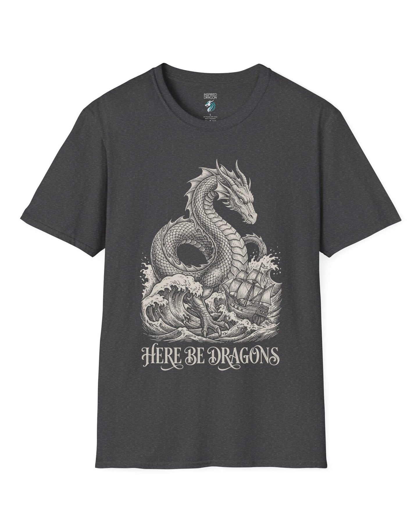 Here Be Dragons shirt in dark heather with a vintage sea serpent towering over stormy waves and a doomed sailing ship