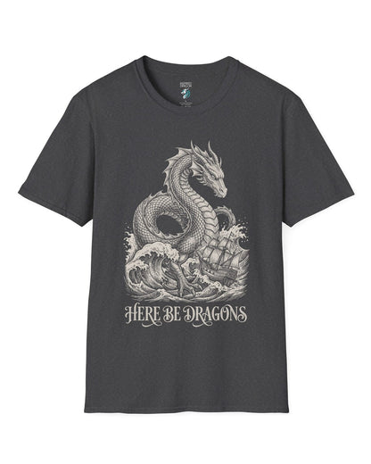 Here Be Dragons shirt in dark heather with a vintage sea serpent towering over stormy waves and a doomed sailing ship