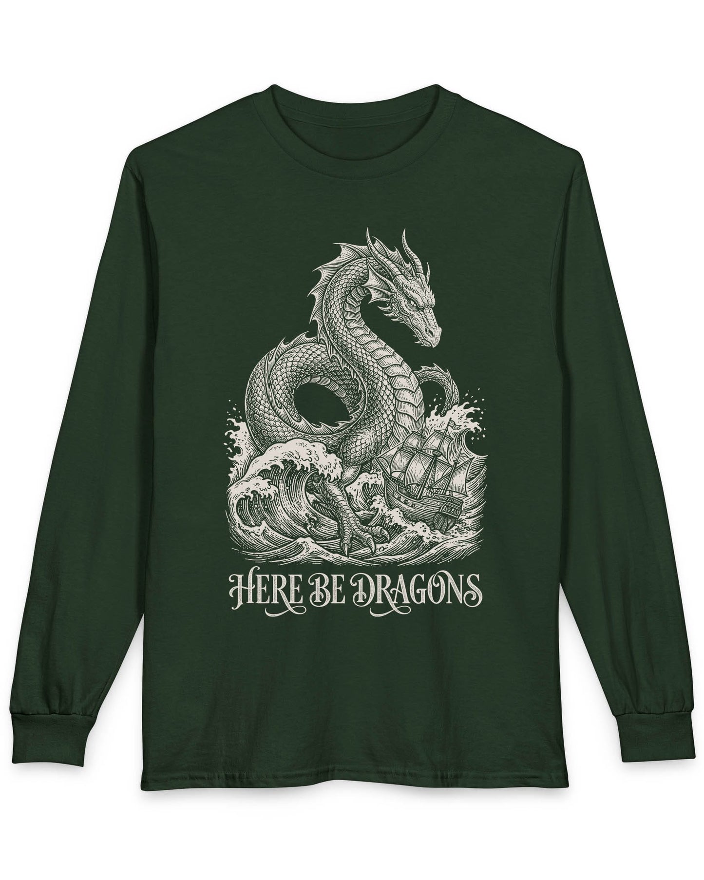 Here Be Dragons shirt in forest green with a vintage sea serpent towering over stormy waves and a doomed sailing ship