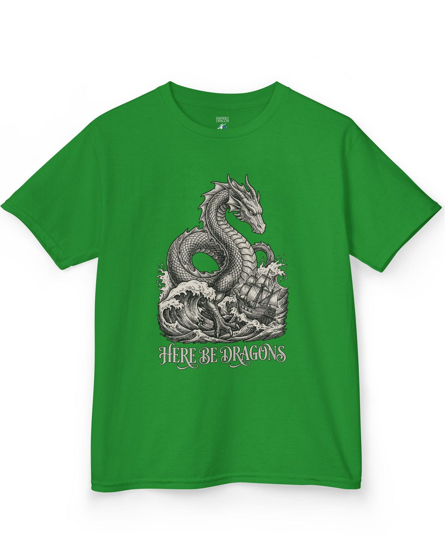 Here Be Dragons shirt in Irish green with a vintage sea serpent towering over stormy waves and a doomed sailing ship