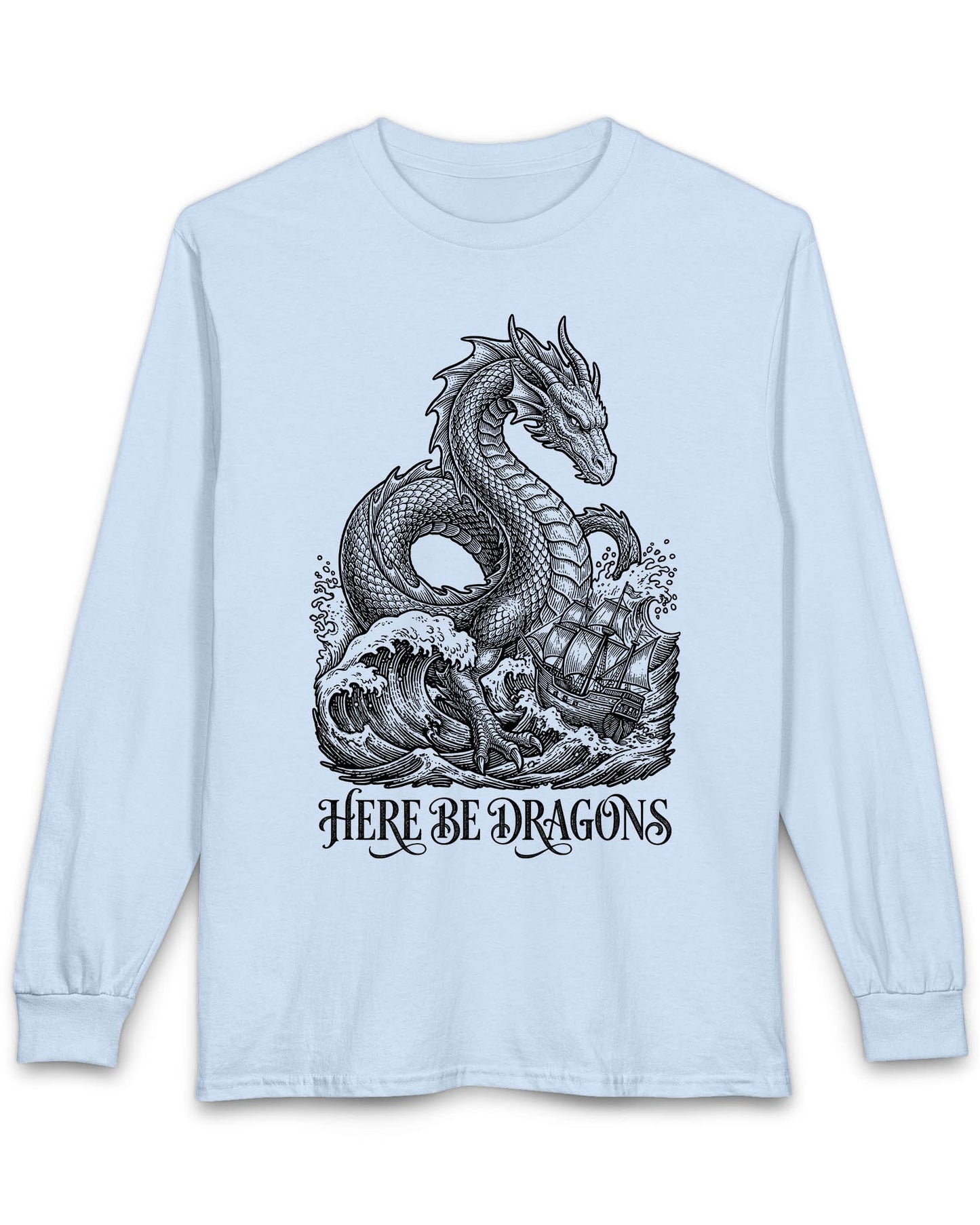 Here Be Dragons shirt in light blue with a vintage sea serpent towering over stormy waves and a doomed sailing ship