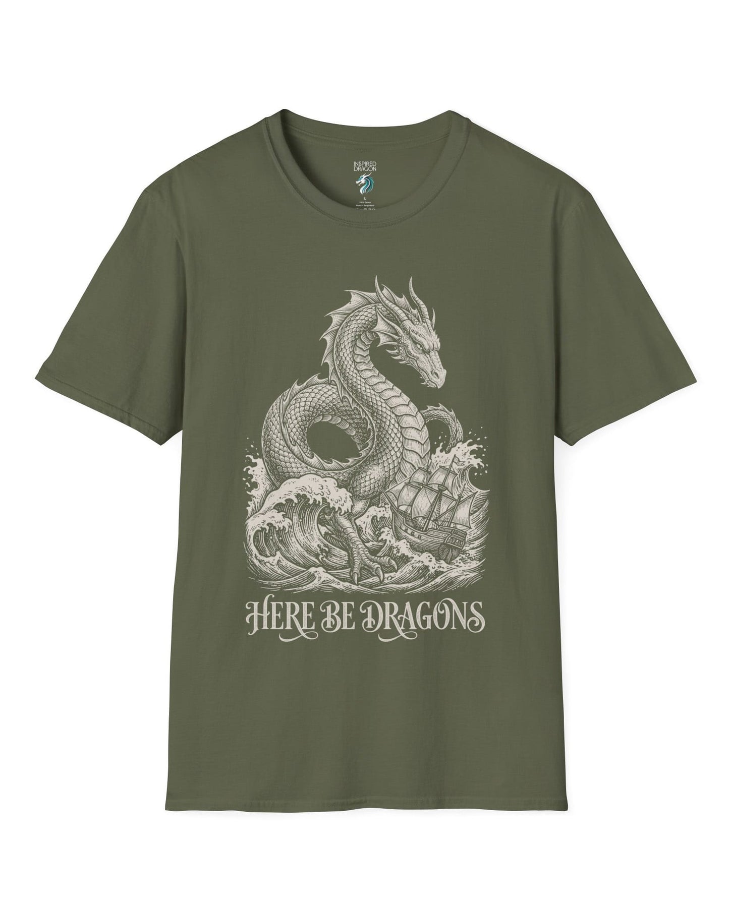 Here Be Dragons shirt in military green with a vintage sea serpent towering over stormy waves and a doomed sailing ship