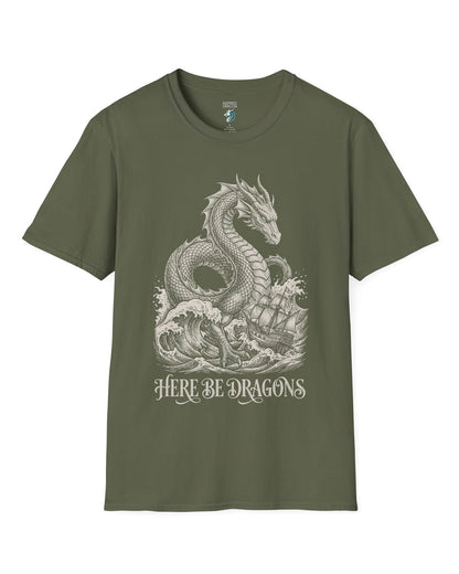 Here Be Dragons shirt in military green with a vintage sea serpent towering over stormy waves and a doomed sailing ship