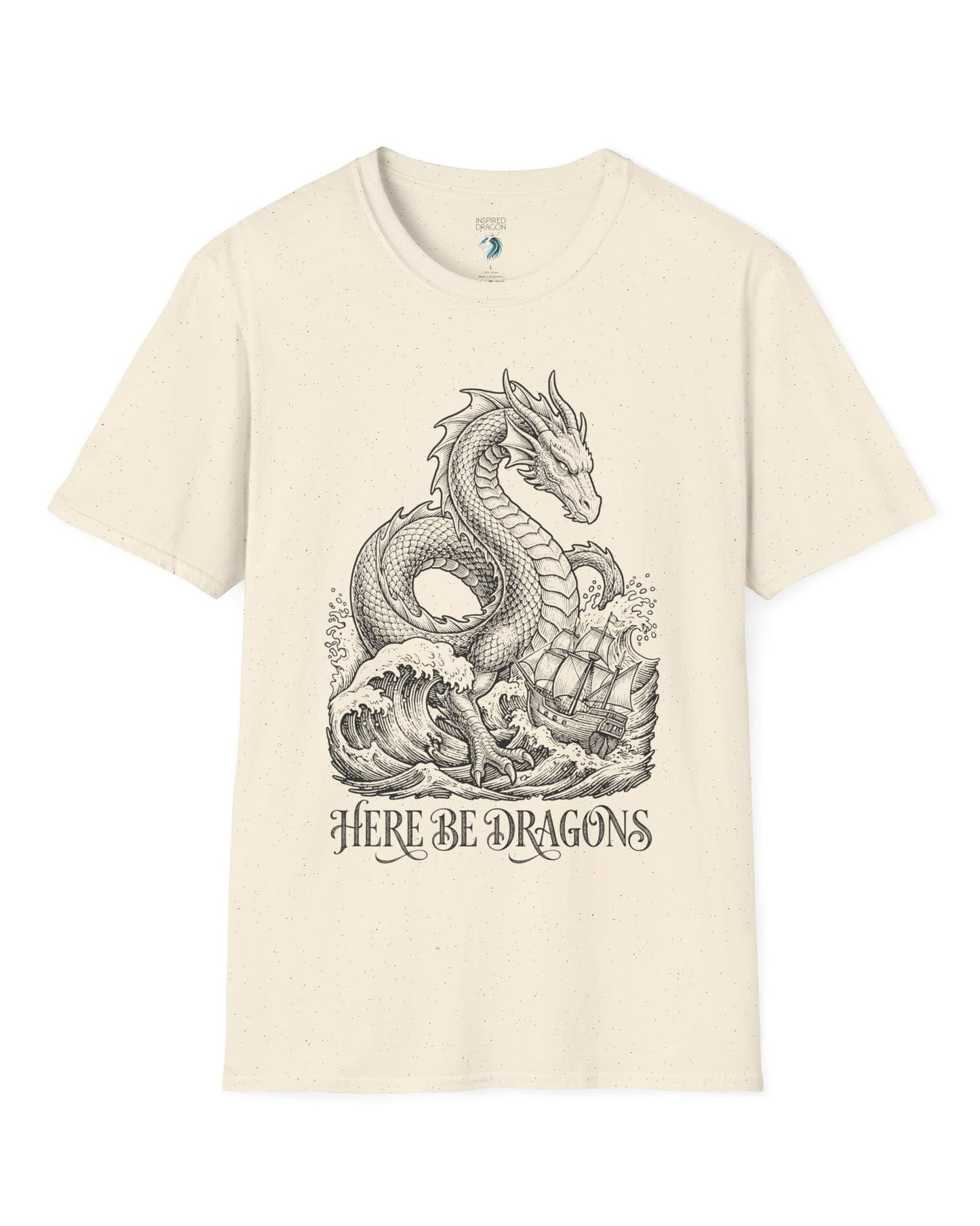 Here Be Dragons shirt in natural with a vintage sea serpent towering over stormy waves and a doomed sailing ship