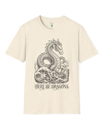 Here Be Dragons shirt in natural with a vintage sea serpent towering over stormy waves and a doomed sailing ship