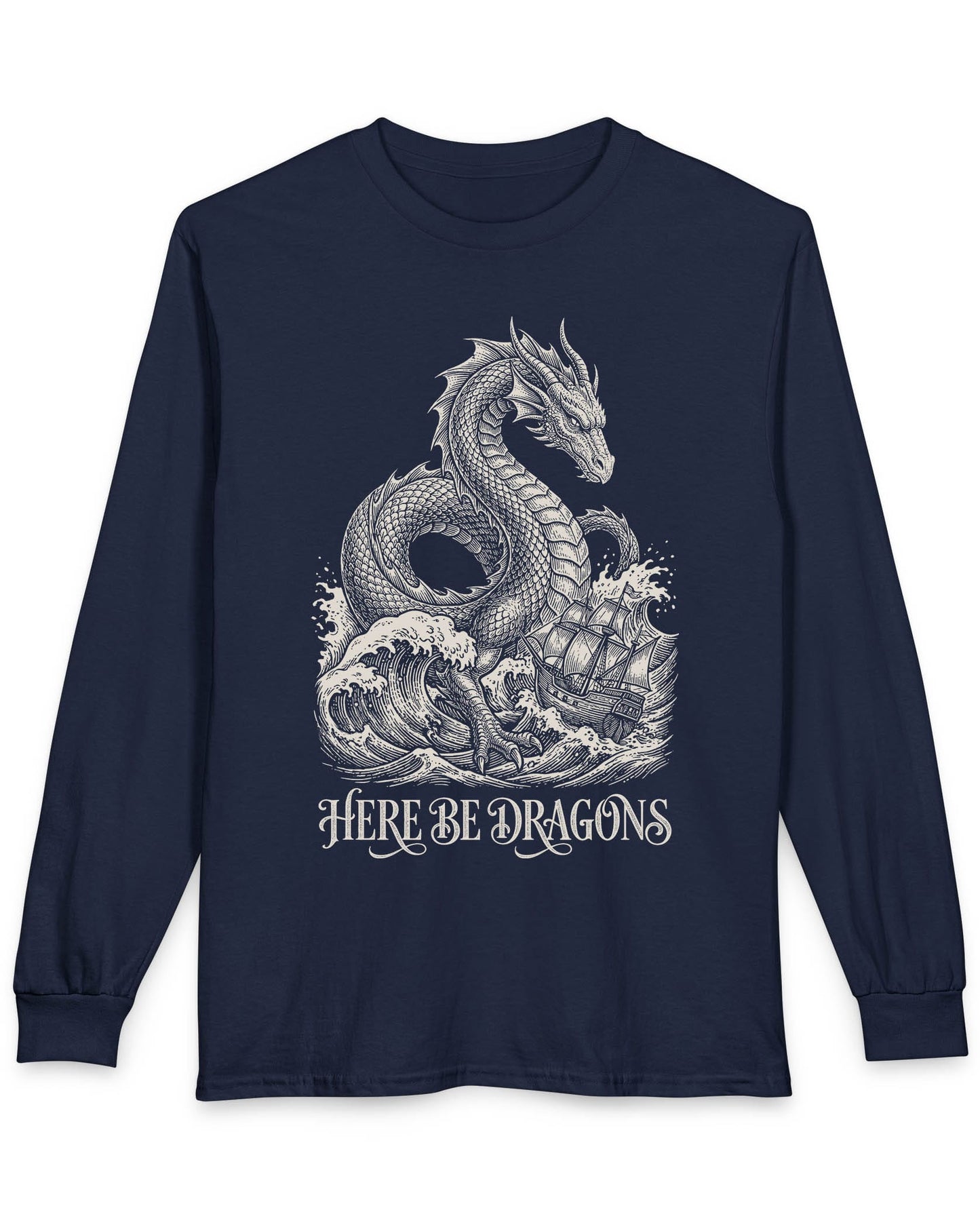 Here Be Dragons shirt in navy with a vintage sea serpent towering over stormy waves and a doomed sailing ship