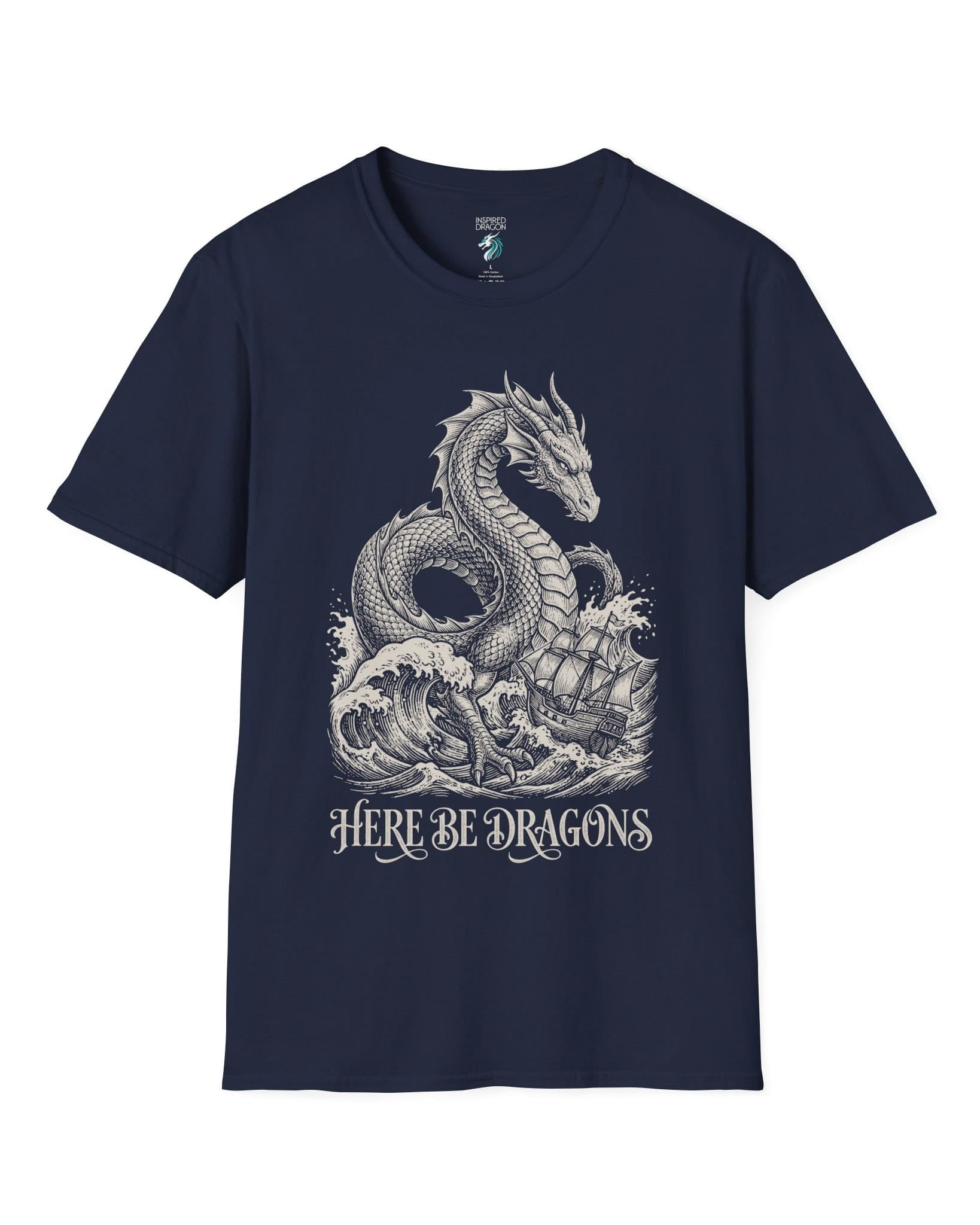 Here Be Dragons shirt in navy with a vintage sea serpent towering over stormy waves and a doomed sailing ship