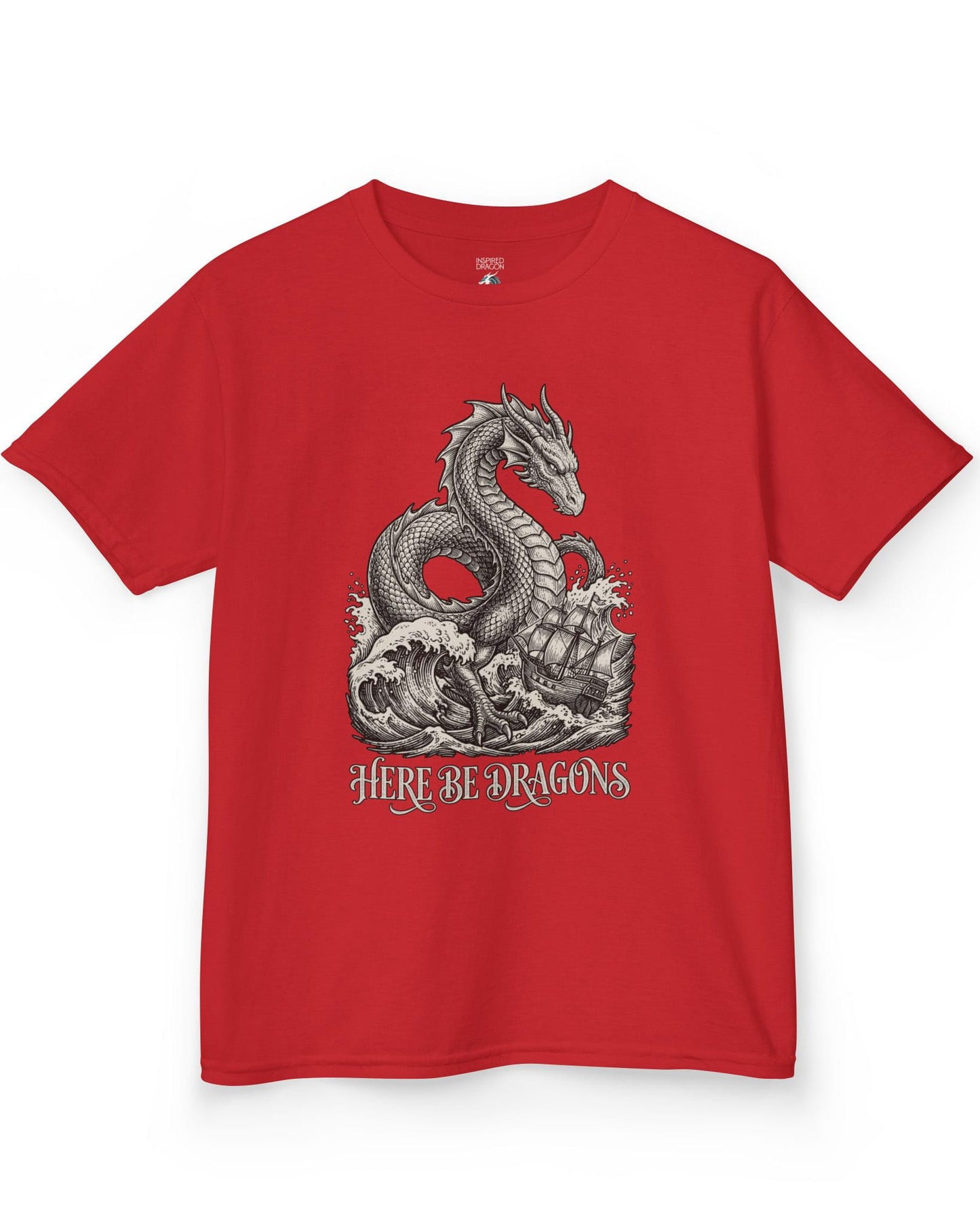 Here Be Dragons shirt in red with a vintage sea serpent towering over stormy waves and a doomed sailing ship