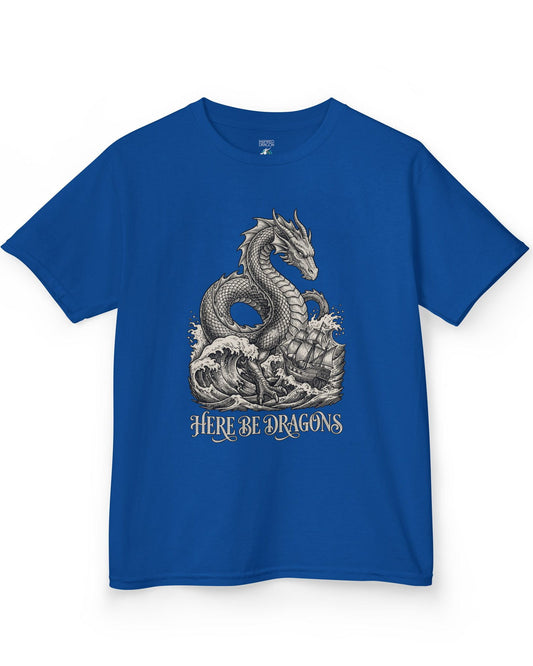 Here Be Dragons shirt in royal blue with a vintage sea serpent towering over stormy waves and a doomed sailing ship