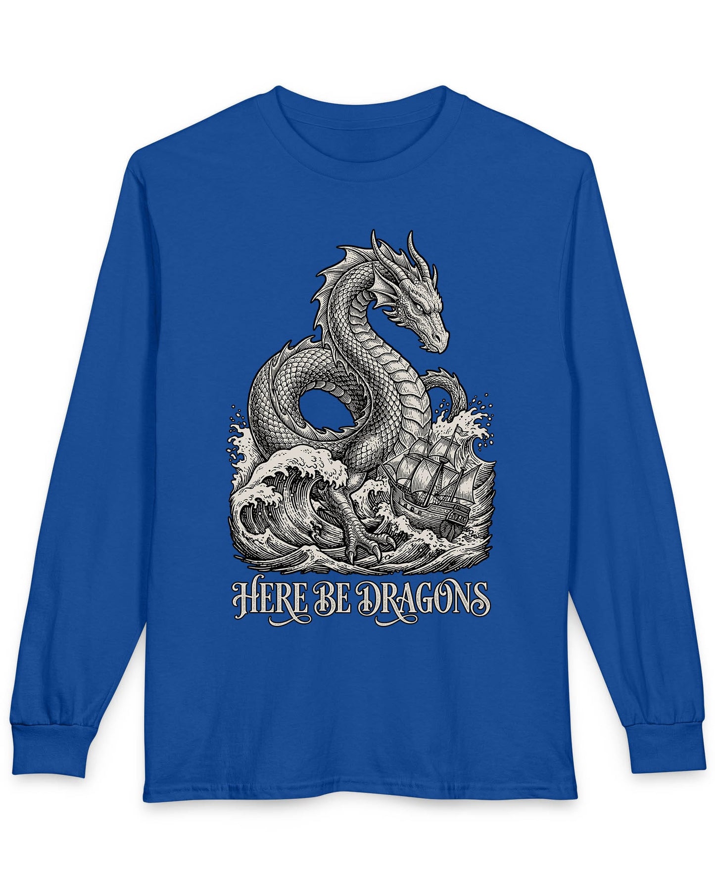 Here Be Dragons shirt in royal blue with a vintage sea serpent towering over stormy waves and a doomed sailing ship