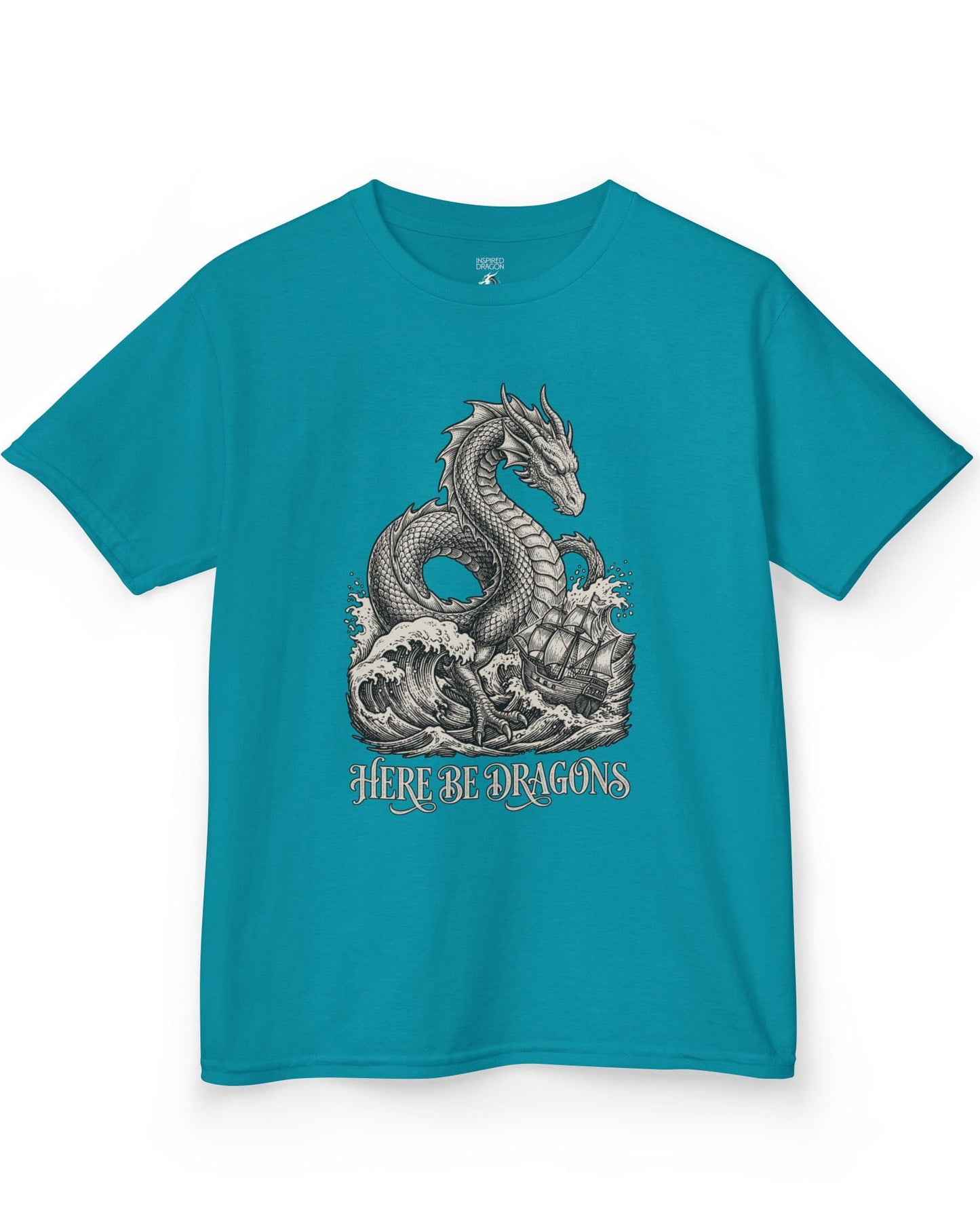 Here Be Dragons shirt in tropical blue with a vintage sea serpent towering over stormy waves and a doomed sailing ship