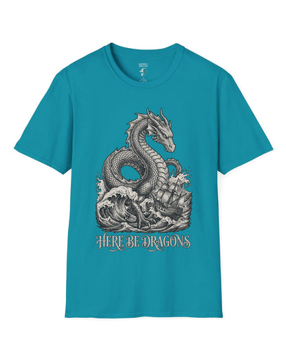 Here Be Dragons shirt in tropical blue with a vintage sea serpent towering over stormy waves and a doomed sailing ship