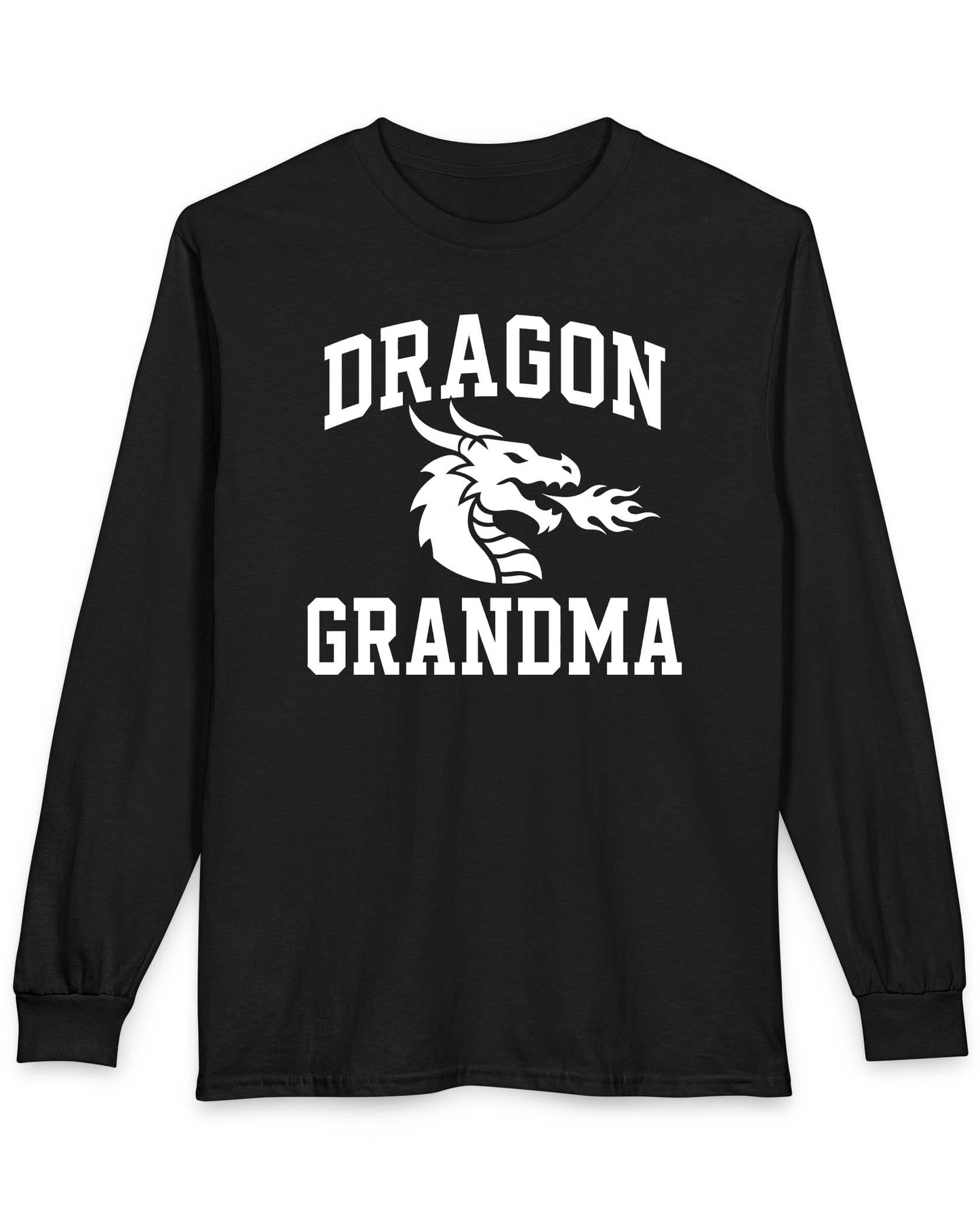 Dragon Grandma shirt in black with bold collegiate lettering and a minimalist dragon breathing fire emblem