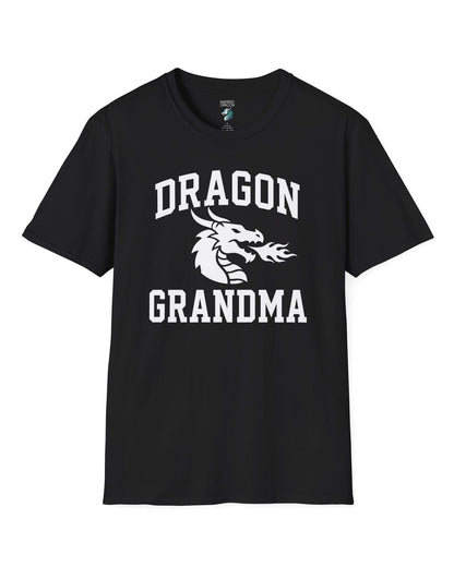 Dragon Grandma shirt in black with bold collegiate lettering and a minimalist dragon breathing fire emblem