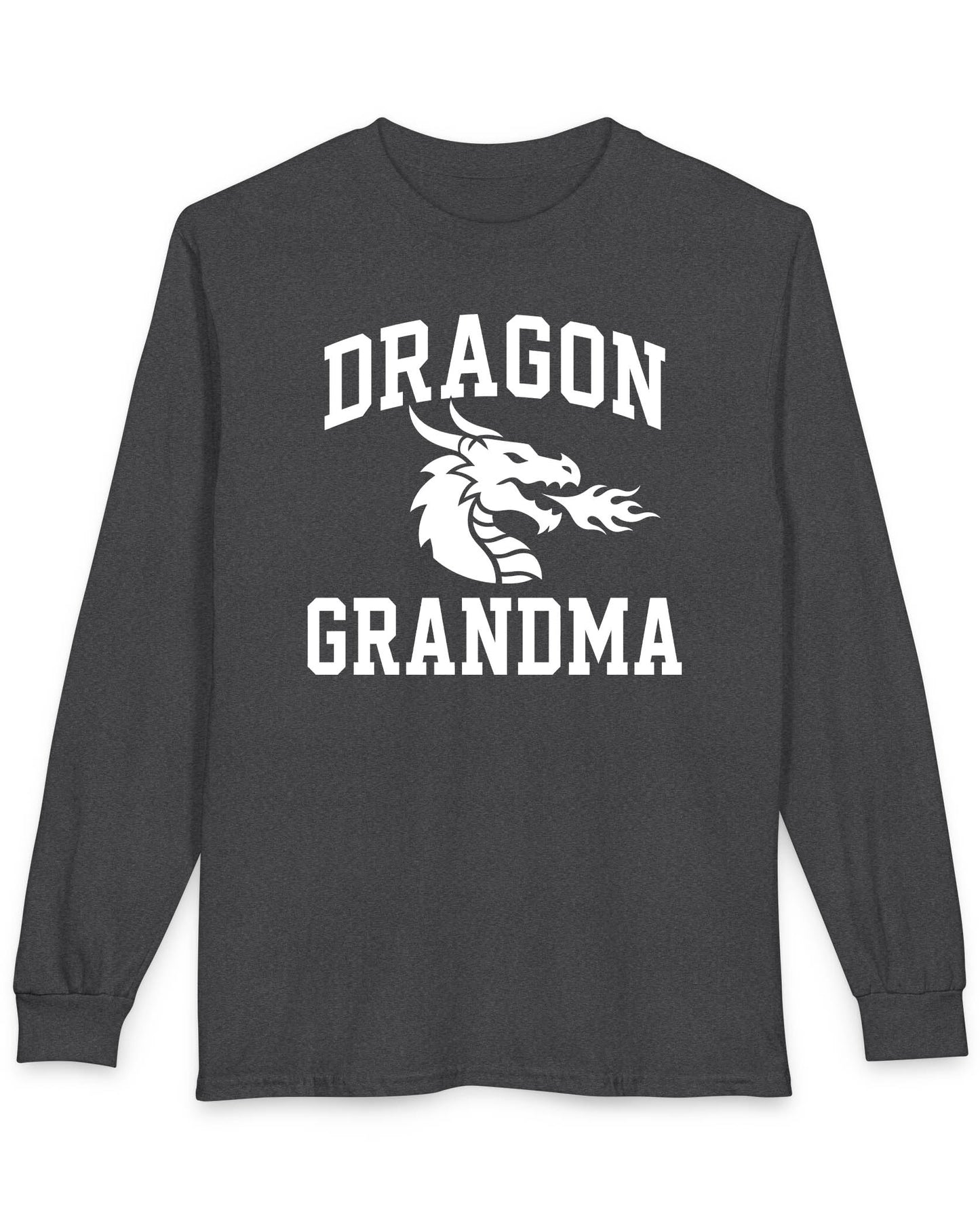 Dragon Grandma shirt in dark heather with bold collegiate lettering and a minimalist dragon breathing fire emblem