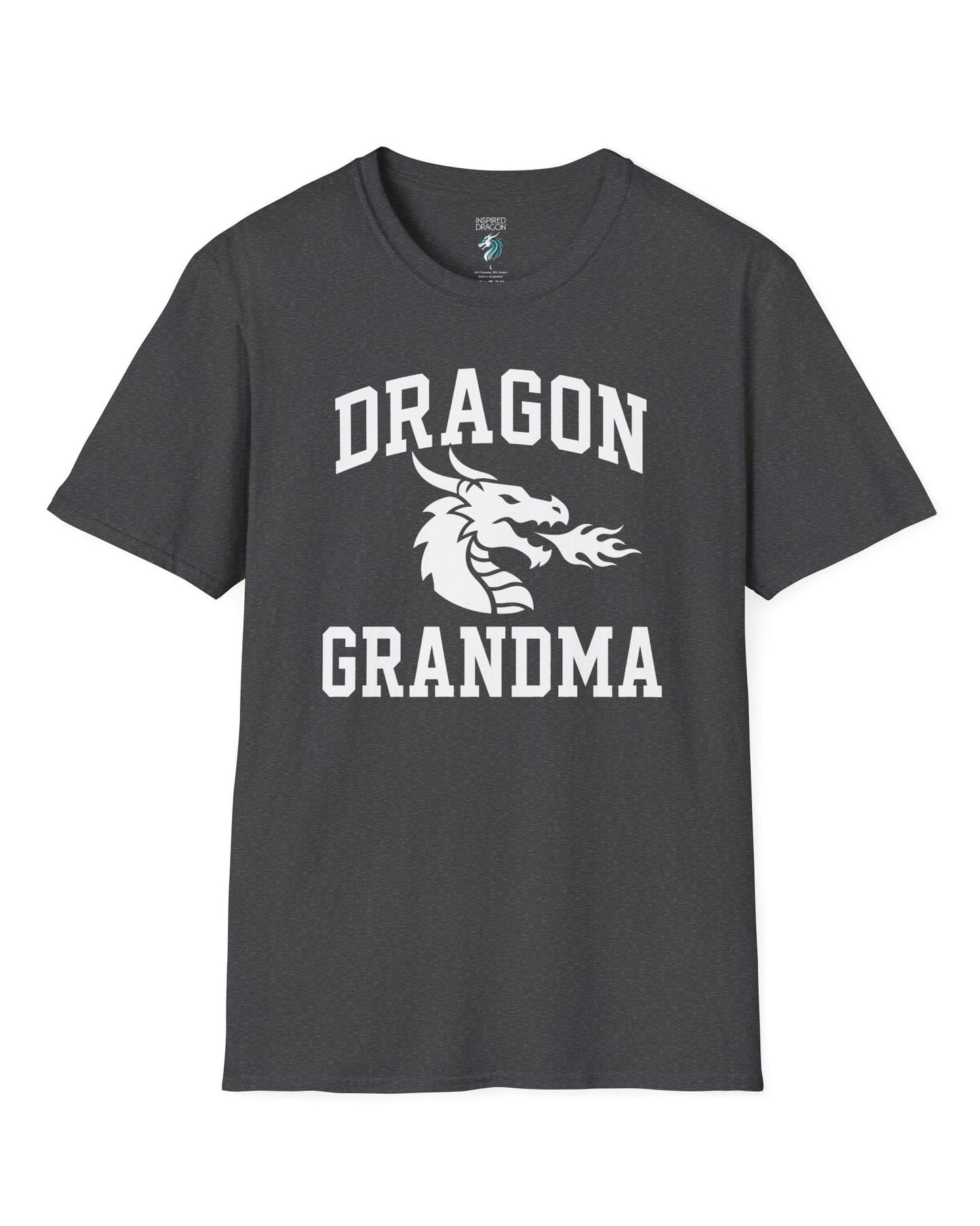 Dragon Grandma shirt in dark heather with bold collegiate lettering and a minimalist dragon breathing fire emblem