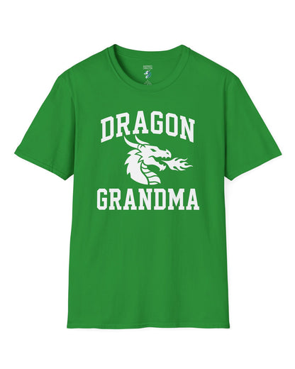 Dragon Grandma shirt in Irish green with bold collegiate lettering and a minimalist dragon breathing fire emblem