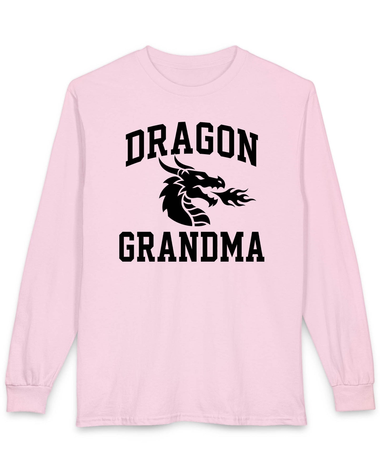 Dragon Grandma shirt in light pink with bold collegiate lettering and a minimalist dragon breathing fire emblem