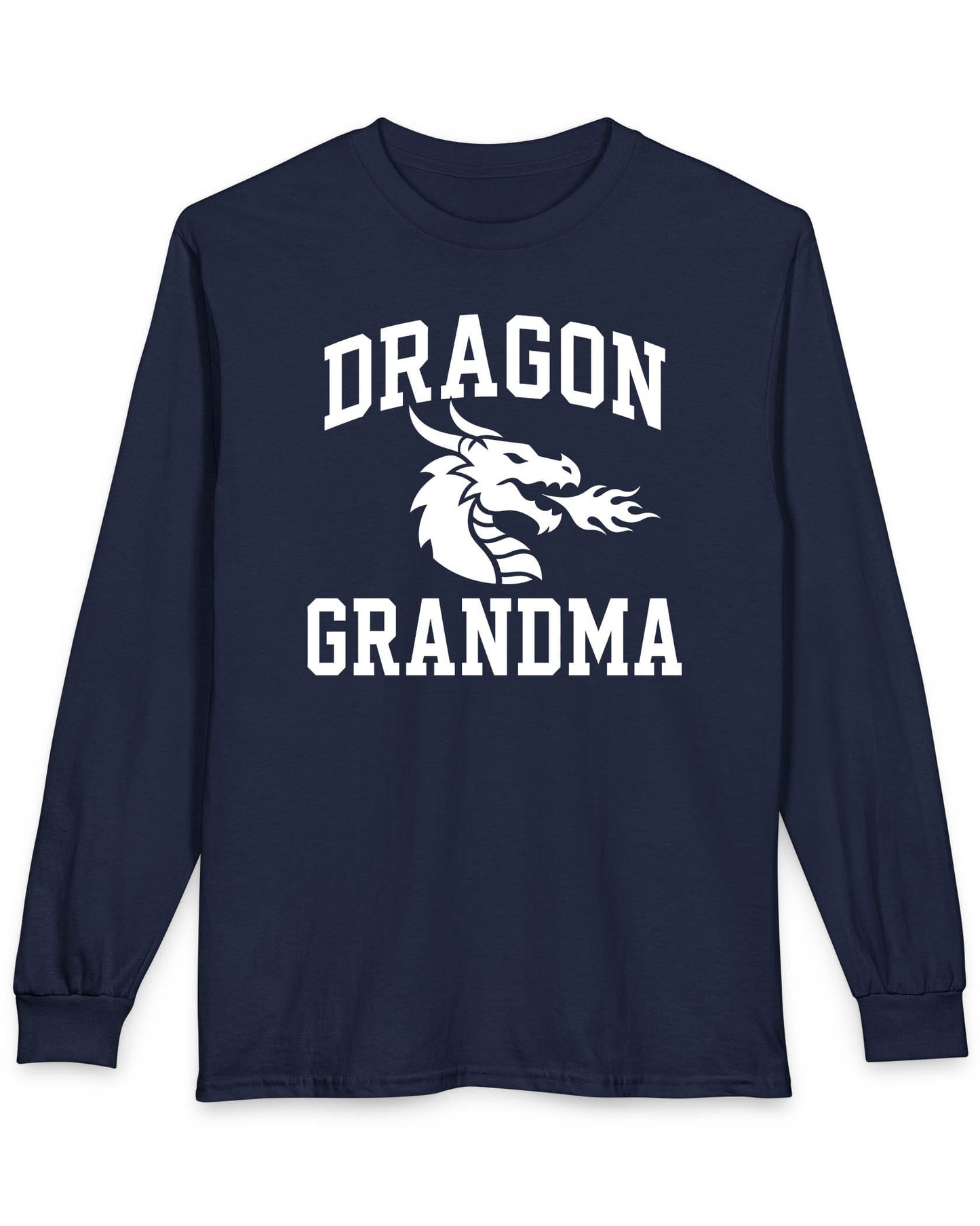 Dragon Grandma shirt in navy with bold collegiate lettering and a minimalist dragon breathing fire emblem