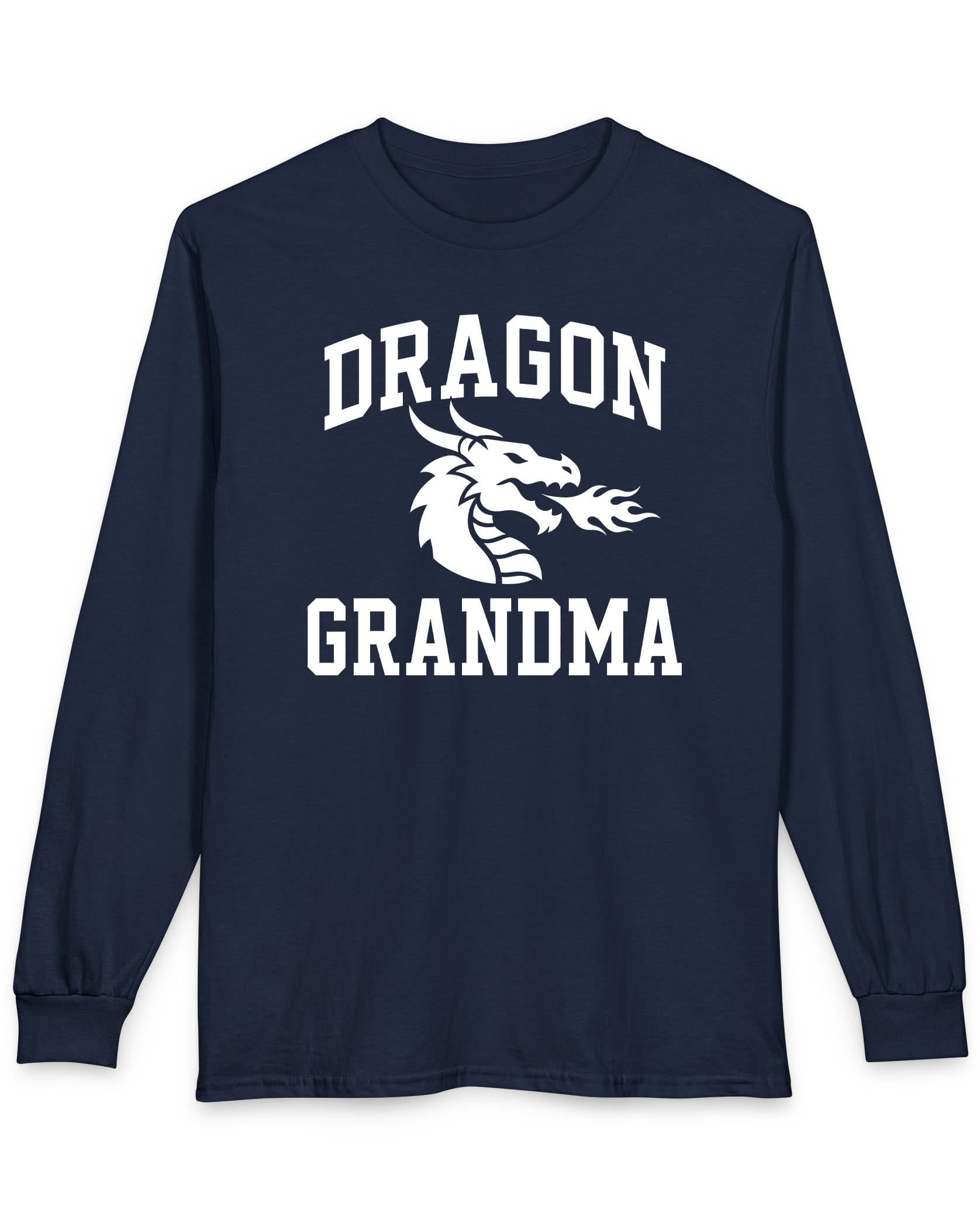 Dragon Grandma shirt in navy with bold collegiate lettering and a minimalist dragon breathing fire emblem