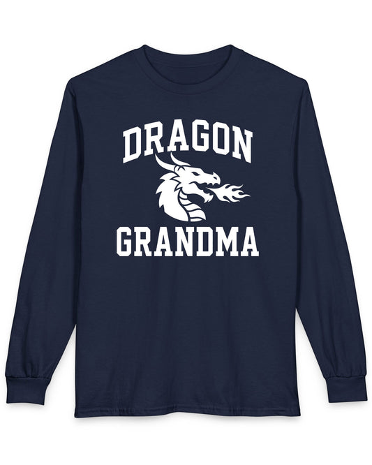 Dragon Grandma shirt in navy with bold collegiate lettering and a minimalist dragon breathing fire emblem