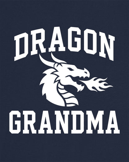 Dragon Grandma shirt in navy with bold collegiate lettering and a minimalist dragon breathing fire emblem
