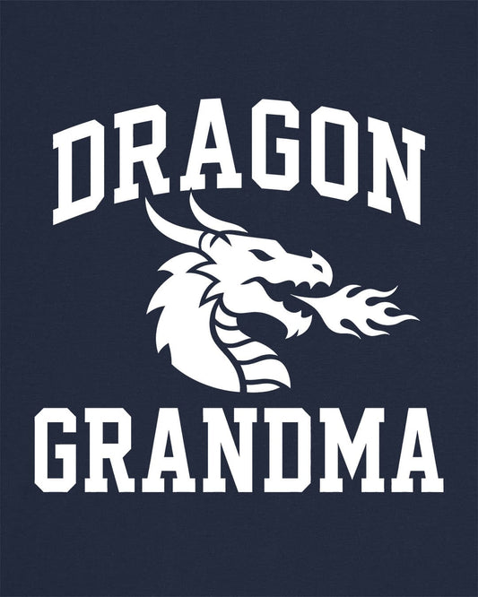 Dragon Grandma shirt in navy with bold collegiate lettering and a minimalist dragon breathing fire emblem